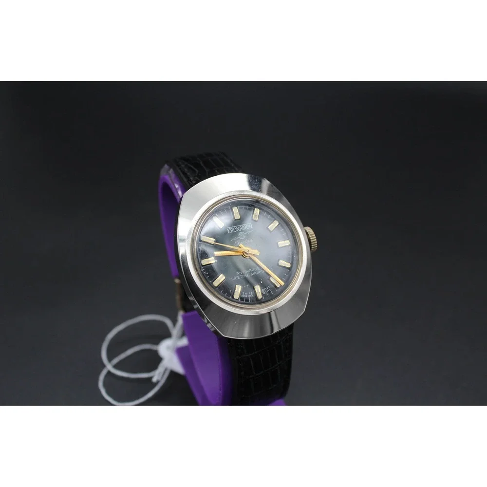 Vintage Kronatron Electra Mechanical Watch – 1960s 36mm Cushion Case Black Dial